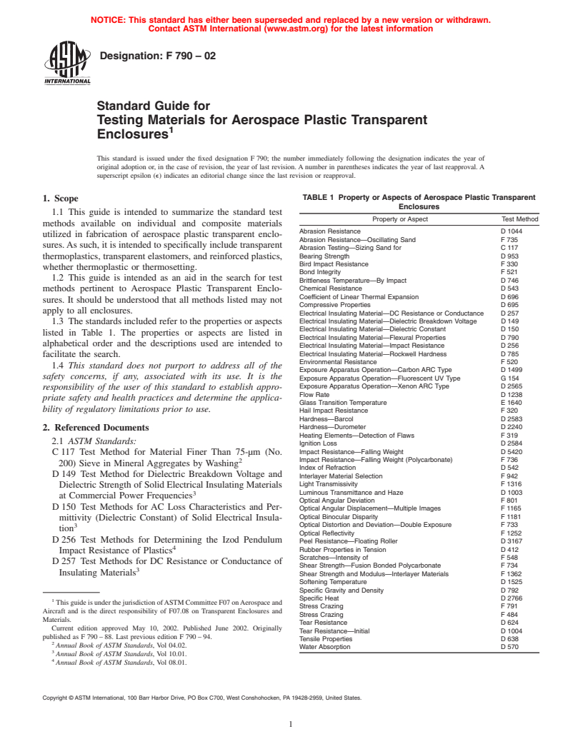 ASTM F790-02 - Standard Guide for Testing Materials for Aerospace Plastic Transparent Enclosures