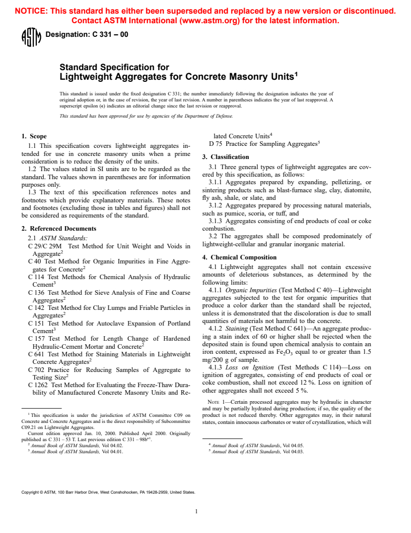 ASTM C331-00 - Standard Specification for Lightweight Aggregates for Concrete Masonry Units