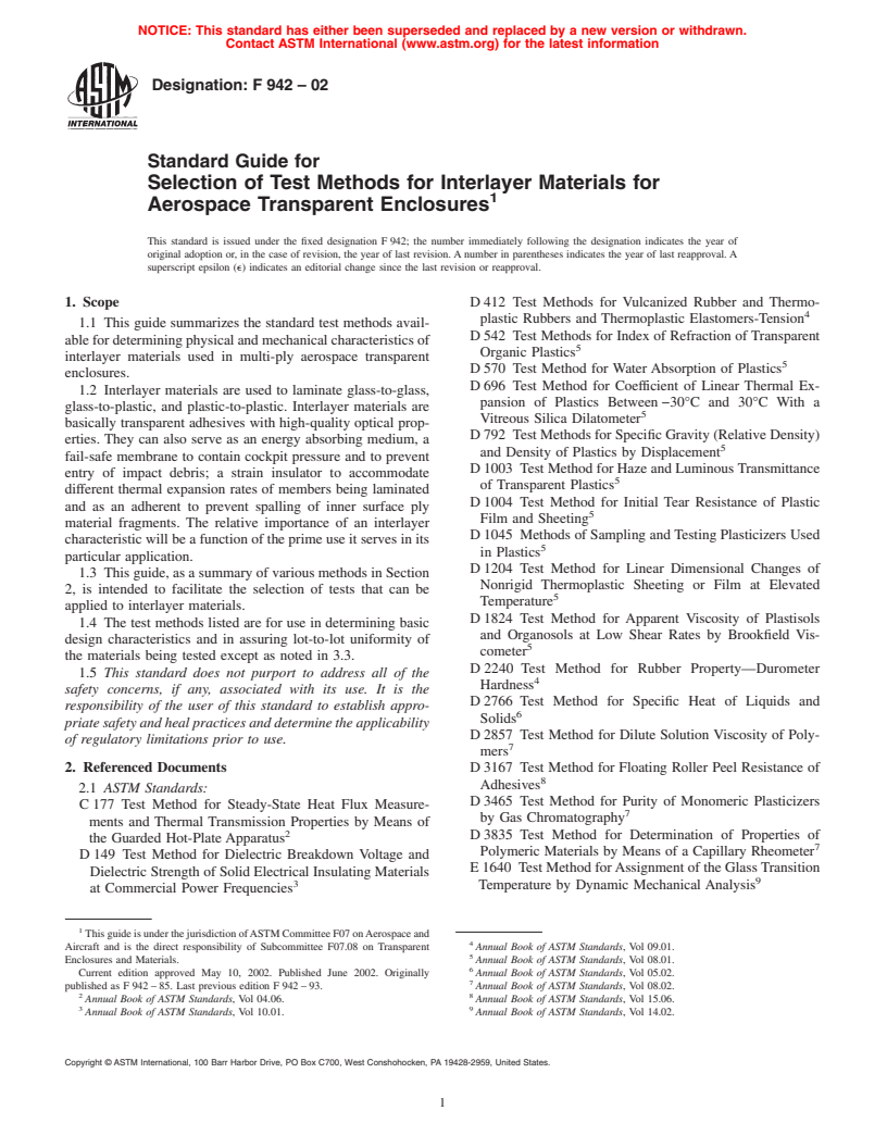 ASTM F942-02 - Standard Guide for Selection of Test Methods for Interlayer Materials for Aerospace Transparent Enclosures