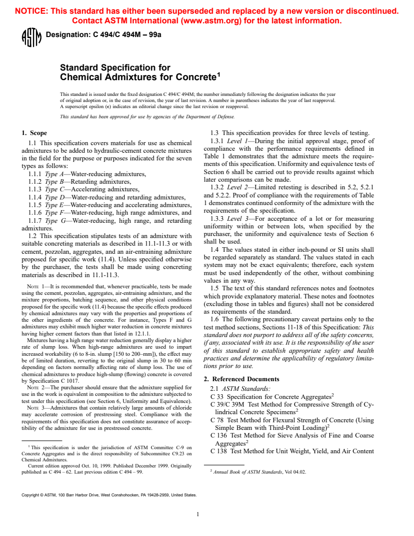 ASTM C494/C494M-99a - Standard Specification for Chemical Admixtures for Concrete