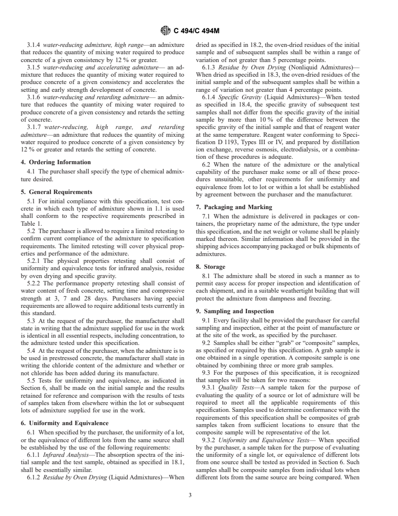 ASTM C494/C494M-99a - Standard Specification for Chemical Admixtures for Concrete