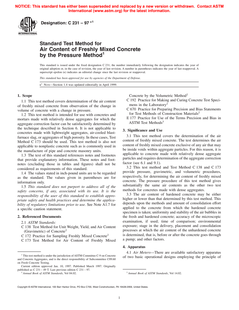 ASTM C231-97e1 - Standard Test Method for Air Content of Freshly Mixed Concrete by the Pressure Method