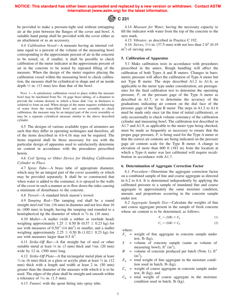 ASTM C231-97e1 - Standard Test Method for Air Content of Freshly Mixed Concrete by the Pressure Method