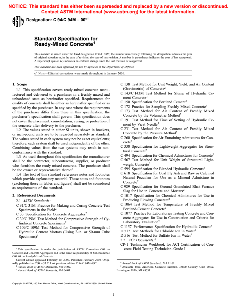 ASTM C94/C94M-00e1 - Standard Specification for Ready-Mixed Concrete