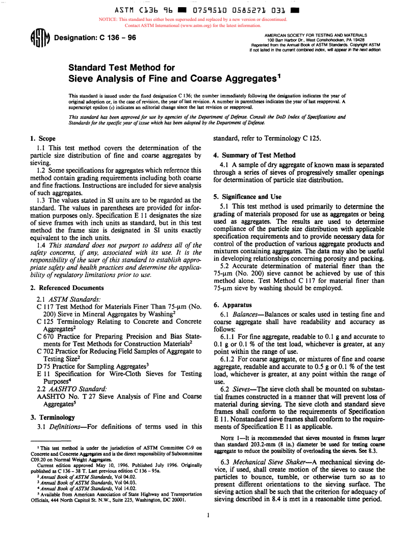 ASTM C136-96 - Standard Test Method for Sieve Analysis of Fine and Coarse Aggregates