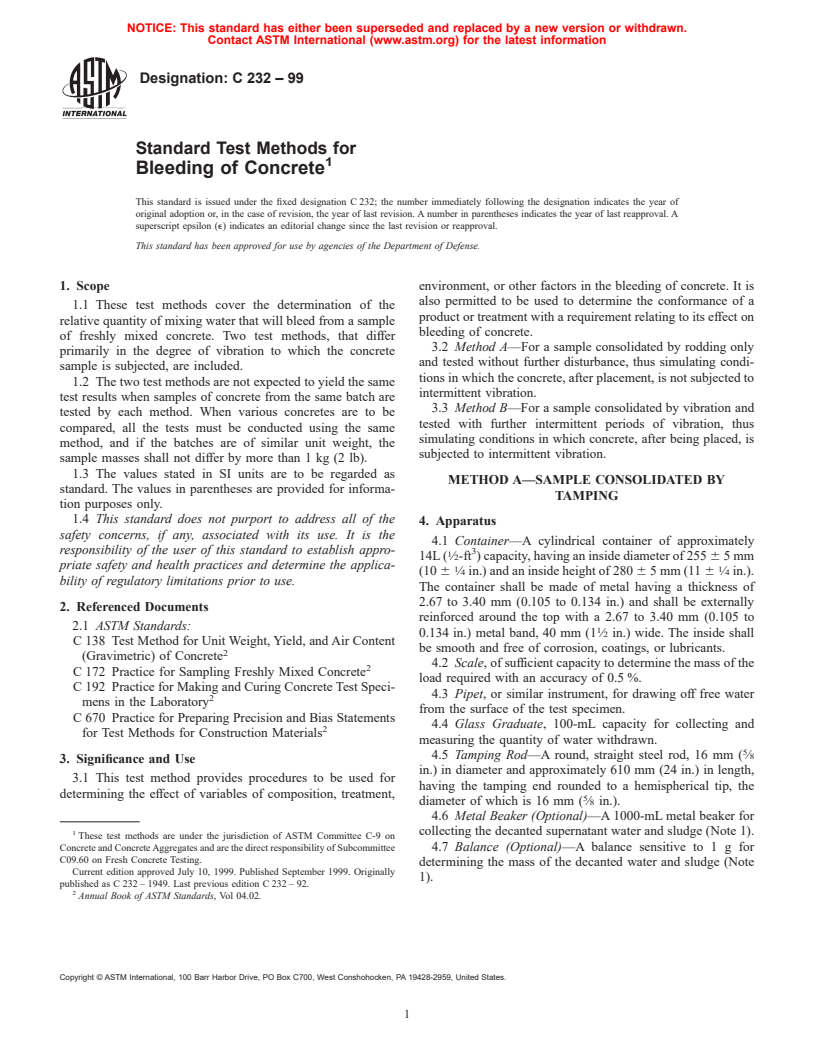 ASTM C232-99 - Standard Test Methods for Bleeding of Concrete