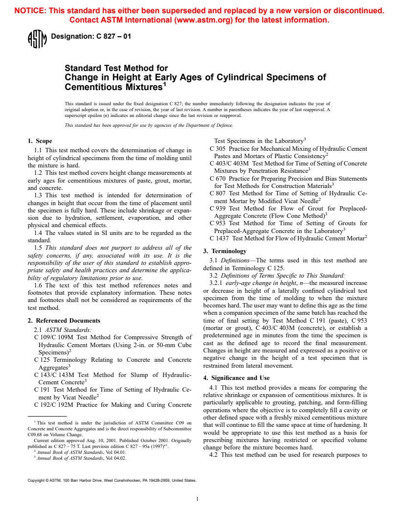 ASTM C827-01 - Standard Test Method for Change in Height at Early Ages of Cylindrical Specimens of Cementitious Mixtures