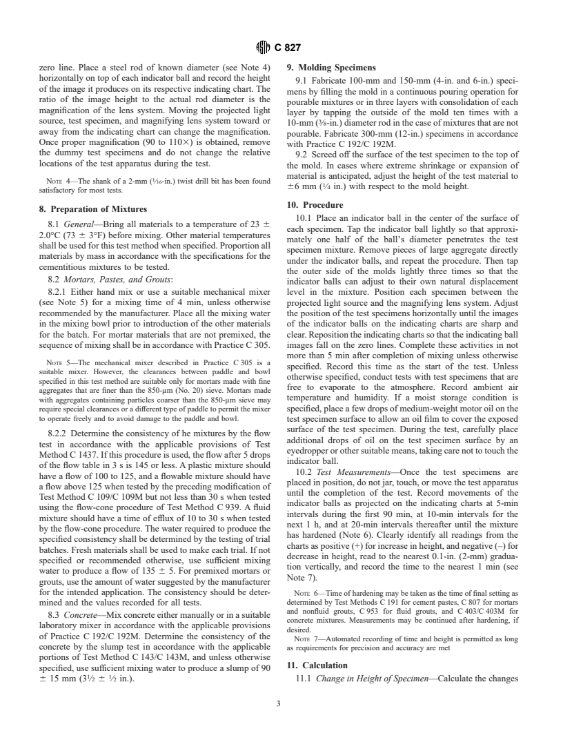 ASTM C827-01 - Standard Test Method for Change in Height at Early Ages of Cylindrical Specimens of Cementitious Mixtures