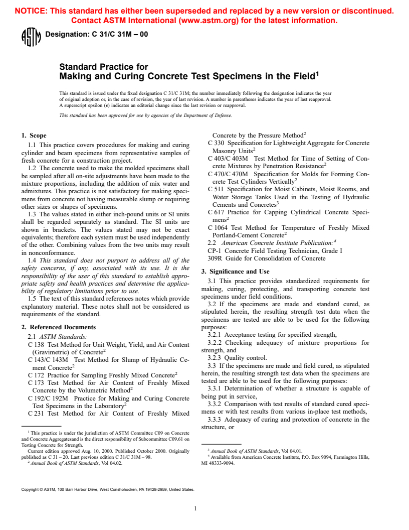 ASTM C31/C31M-00 - Standard Practice for Making and Curing Concrete Test Specimens in the Field