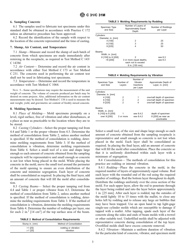 ASTM C31/C31M-00 - Standard Practice for Making and Curing Concrete Test Specimens in the Field