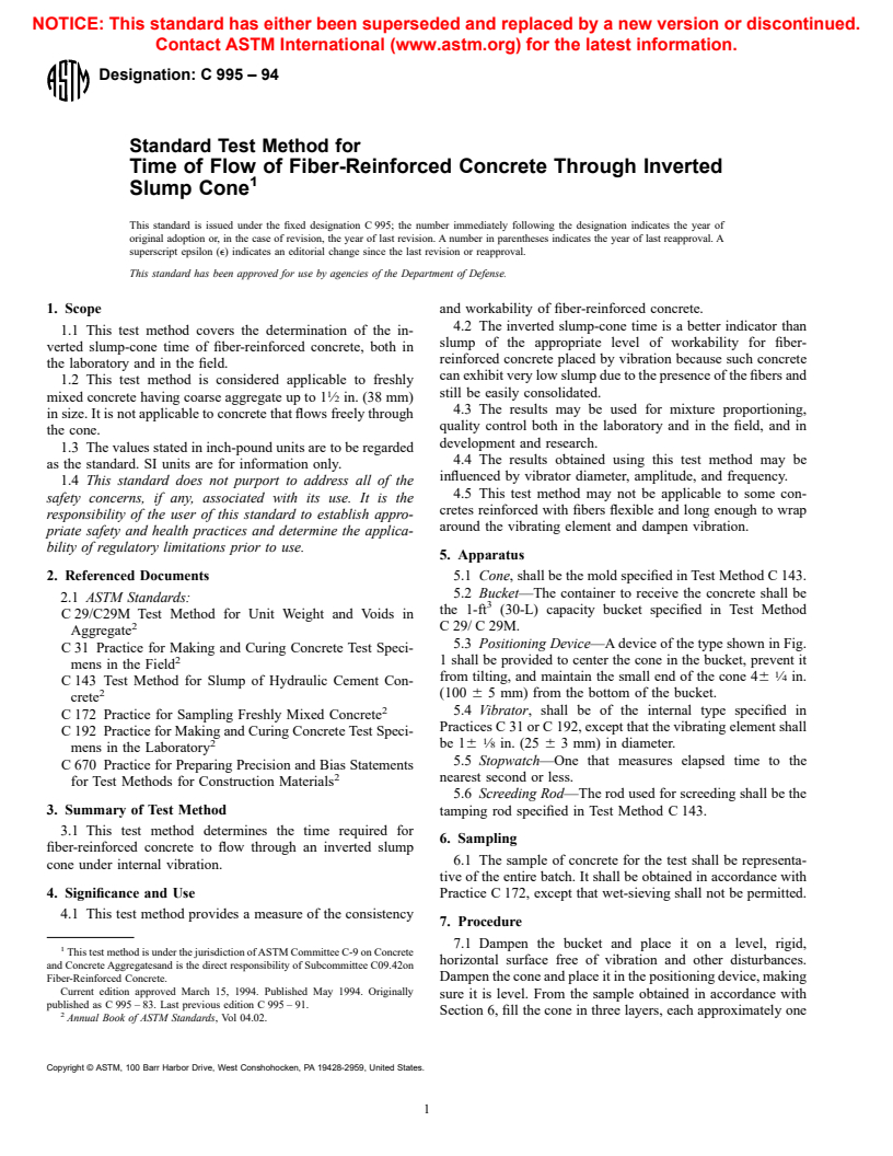 ASTM C995-94 - Standard Test Method for Time of Flow of Fiber-Reinforced Concrete Through Inverted Slump Cone