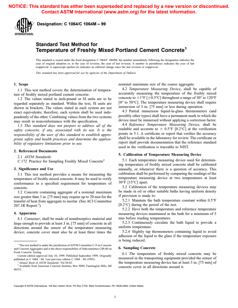 ASTM C1064/C1064M-99 - Standard Test Method for Temperature of Freshly Mixed Portland Cement Concrete