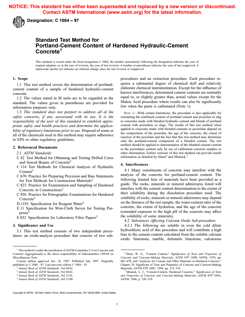 ASTM C1084-97 - Standard Test Method for Portland-Cement Content of Hardened Hydraulic-Cement Concrete