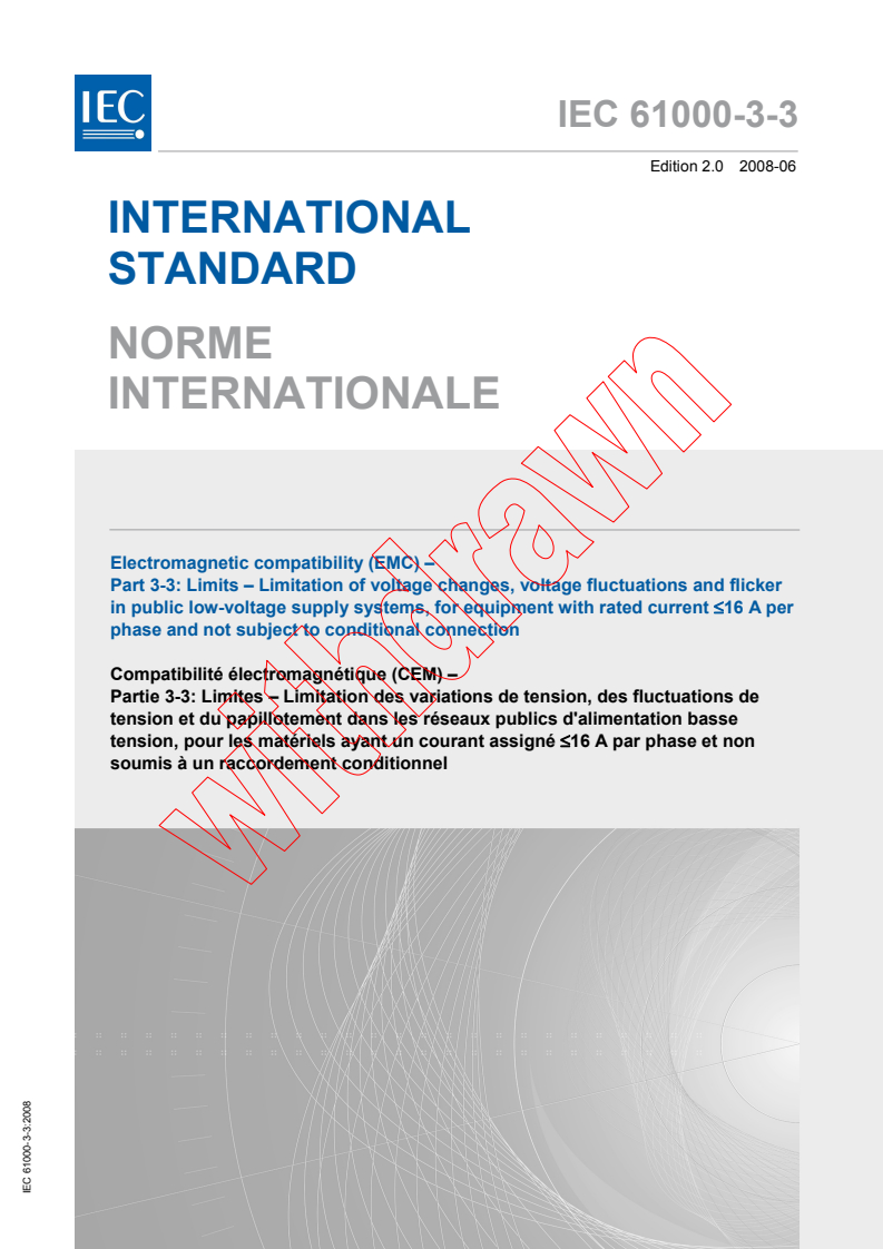 IEC 61000-3-3:2008 - Electromagnetic compatibility (EMC) - Part 3-3: Limits - Limitation of voltage changes, voltage fluctuations and flicker in public low-voltage supply systems, for equipment with rated current ≤16 A per phase and not subject to conditional connection
Released:6/23/2008
Isbn:2831898315