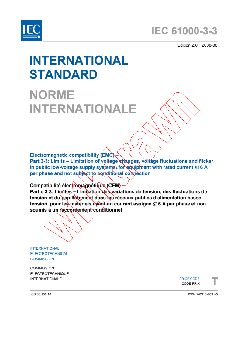 IEC 61000-3-3:2008 - Electromagnetic compatibility (EMC) - Part 3-3: Limits - Limitation of voltage changes, voltage fluctuations and flicker in public low-voltage supply systems, for equipment with rated current ≤16 A per phase and not subject to conditional connection
Released:6/23/2008
Isbn:2831898315