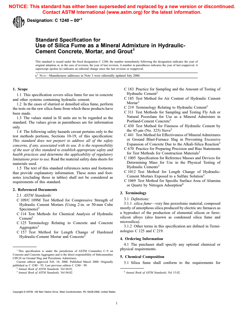 ASTM C1240-00e1 - Standard Specification for Use of Silica Fume for Use as a Mineral Admixture in Hydraulic-Cement Concrete, Mortar, and Grout