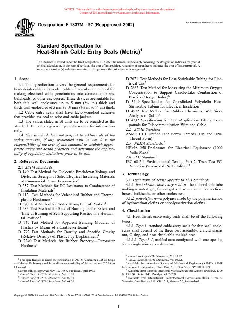 ASTM F1837M-97(2002) - Standard Specification for Heat-Shrink Cable Entry Seals (Metric)