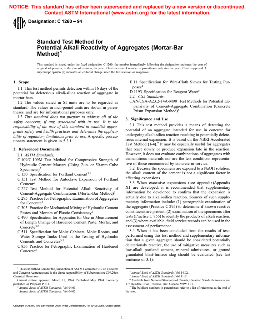 ASTM C1260-94 - Standard Test Method for Potential Alkali Reactivity of Aggregates (Mortar-Bar Method)