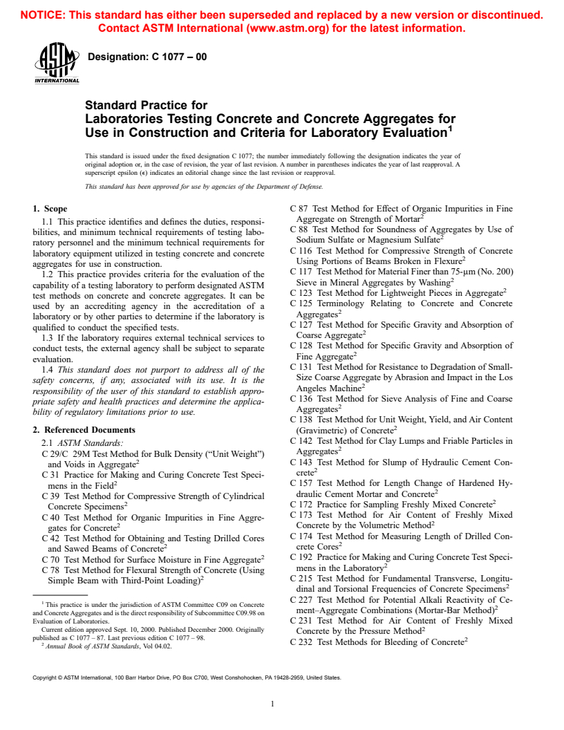 ASTM C1077-00 - Standard Practice for Laboratories Testing Concrete and Concrete Aggregates for Use in Construction and Criteria for Laboratory Evaluation