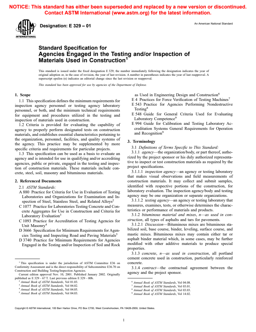 ASTM E329-01 - Standard Specification for Agencies Engaged in the Testing and/or Inspection of Materials Used in Construction