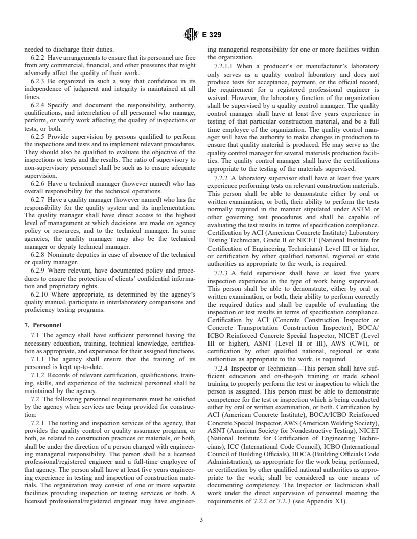 ASTM E329-01 - Standard Specification for Agencies Engaged in the Testing and/or Inspection of Materials Used in Construction