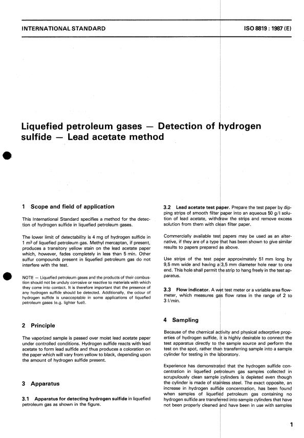 ISO 8819:1987 - Liquified petroleum gases -- Detection of hydrogen sulfide -- Lead acetate method