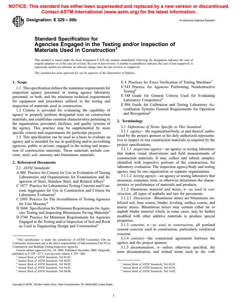 ASTM E329-00b - Standard Specification for Agencies Engaged in the Testing and/or Inspection of Materials Used in Construction