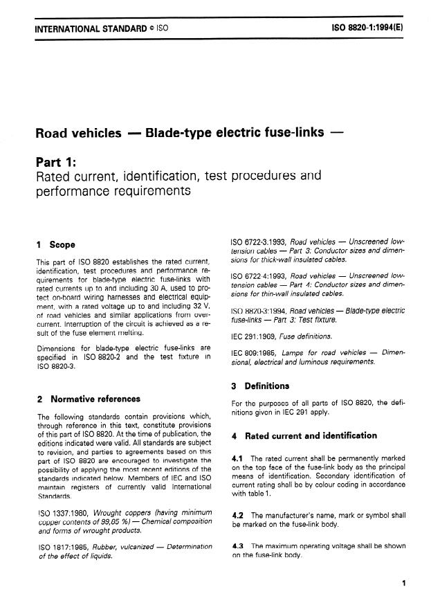 ISO 8820-1:1994 - Road vehicles -- Blade-type electric fuse-links