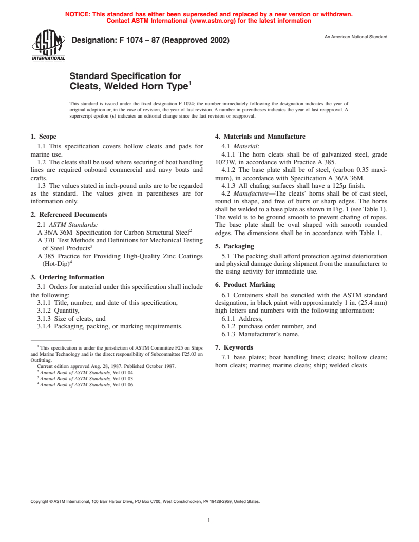 ASTM F1074-87(2002) - Standard Specification for Cleats, Welded Horn Type