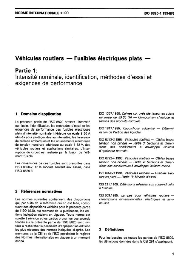 ISO 8820-1:1994 - Véhicules routiers -- Fusibles électriques plats