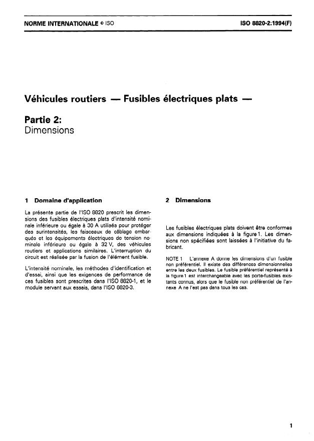 ISO 8820-2:1994 - Véhicules routiers -- Fusibles électriques plats