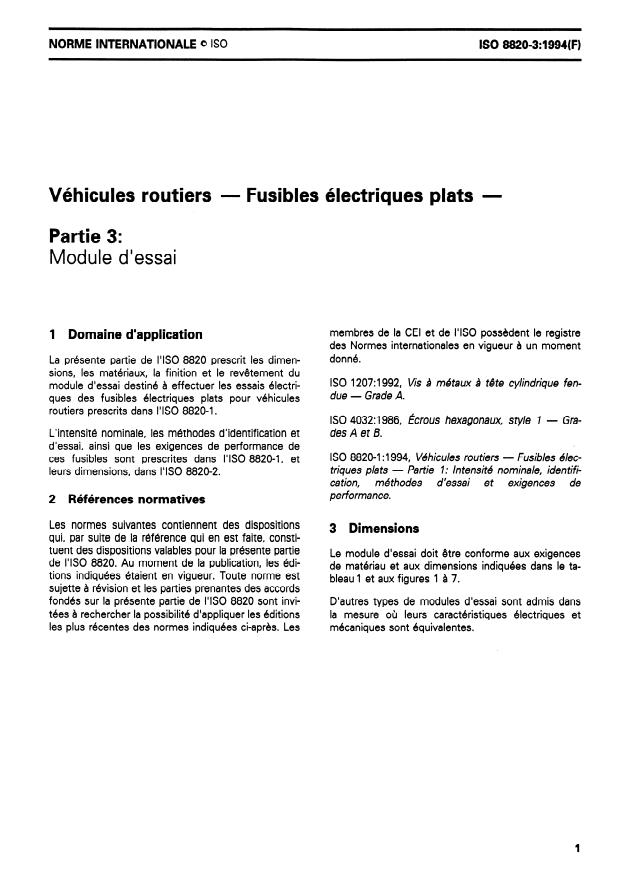 ISO 8820-3:1994 - Véhicules routiers -- Fusibles électriques plats