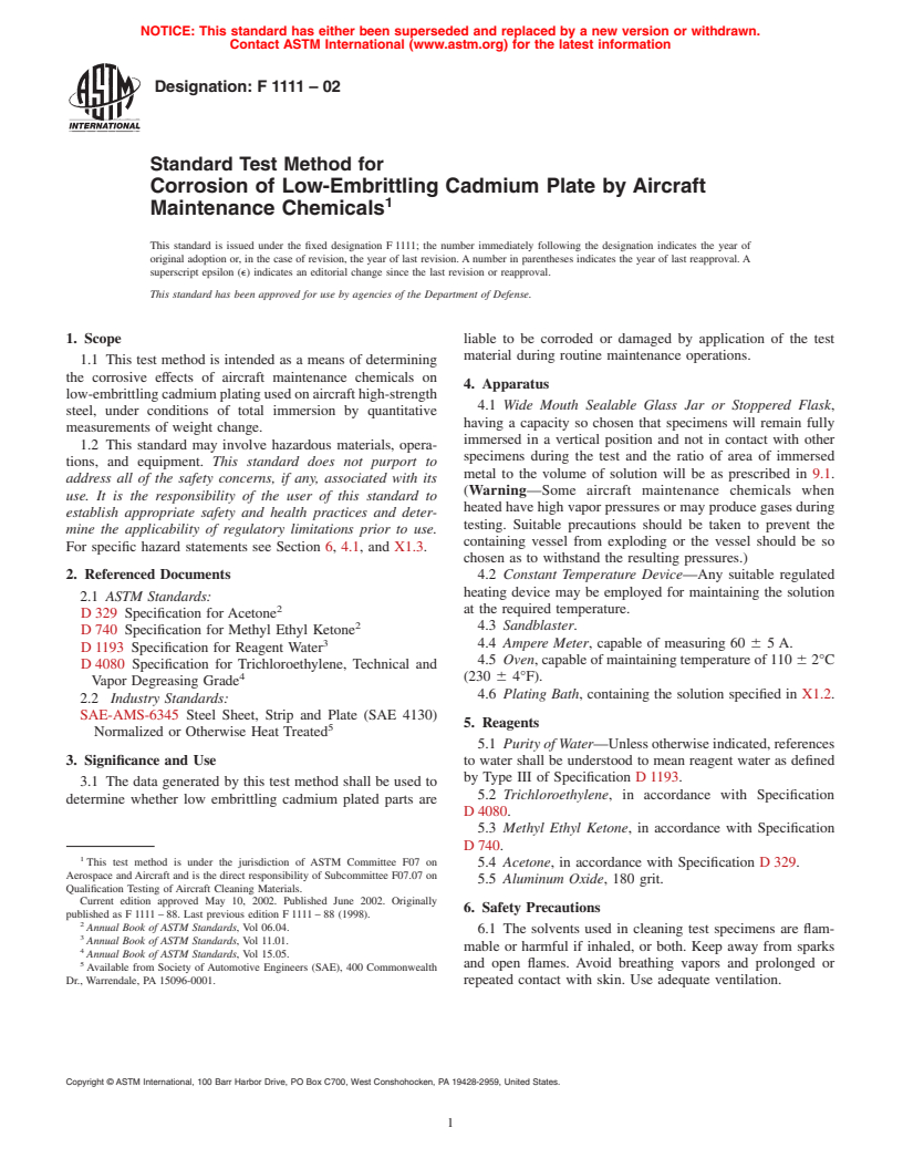 ASTM F1111-02 - Standard Test Method for Corrosion of Low-Embrittling Cadmium Plate by Aircraft Maintenance Chemicals