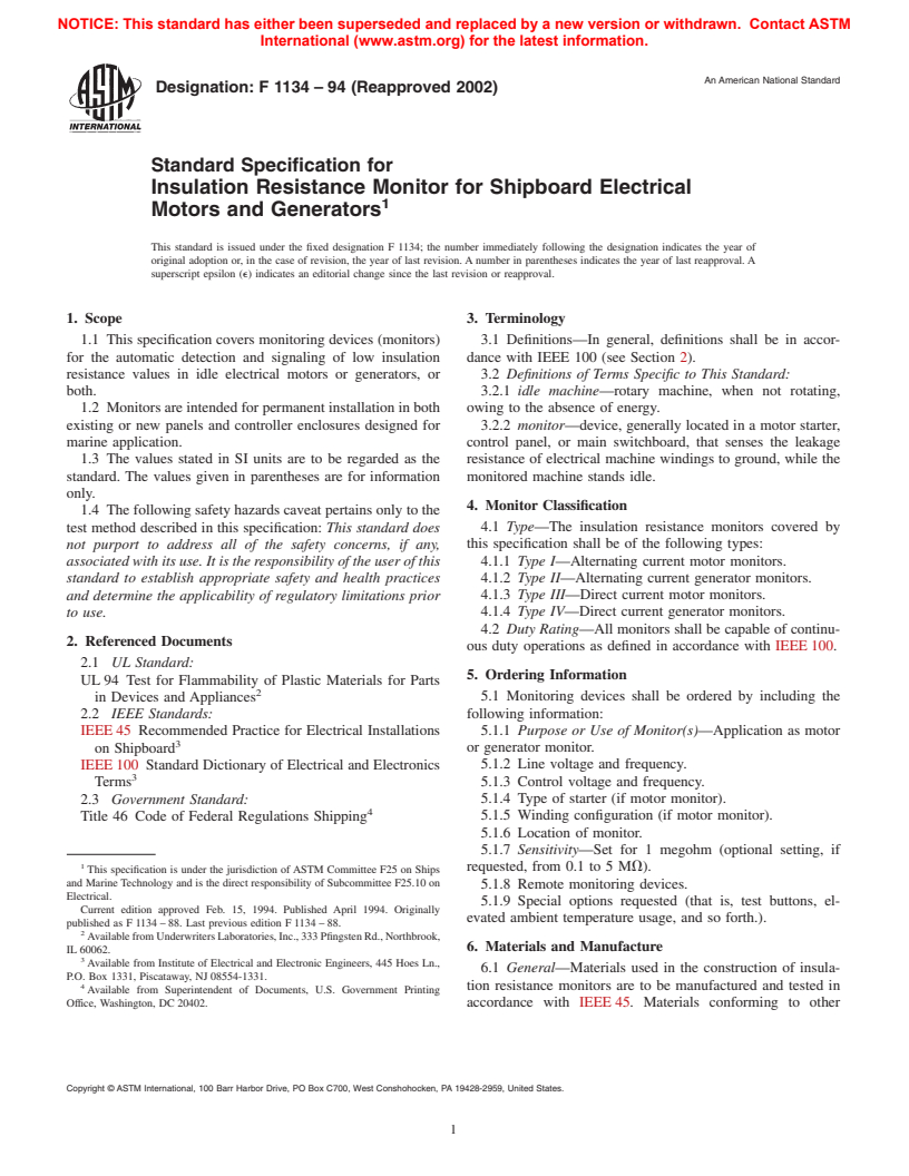 ASTM F1134-94(2002) - Standard Specification for Insulation Resistance Monitor for Shipboard Electrical Motors and Generators