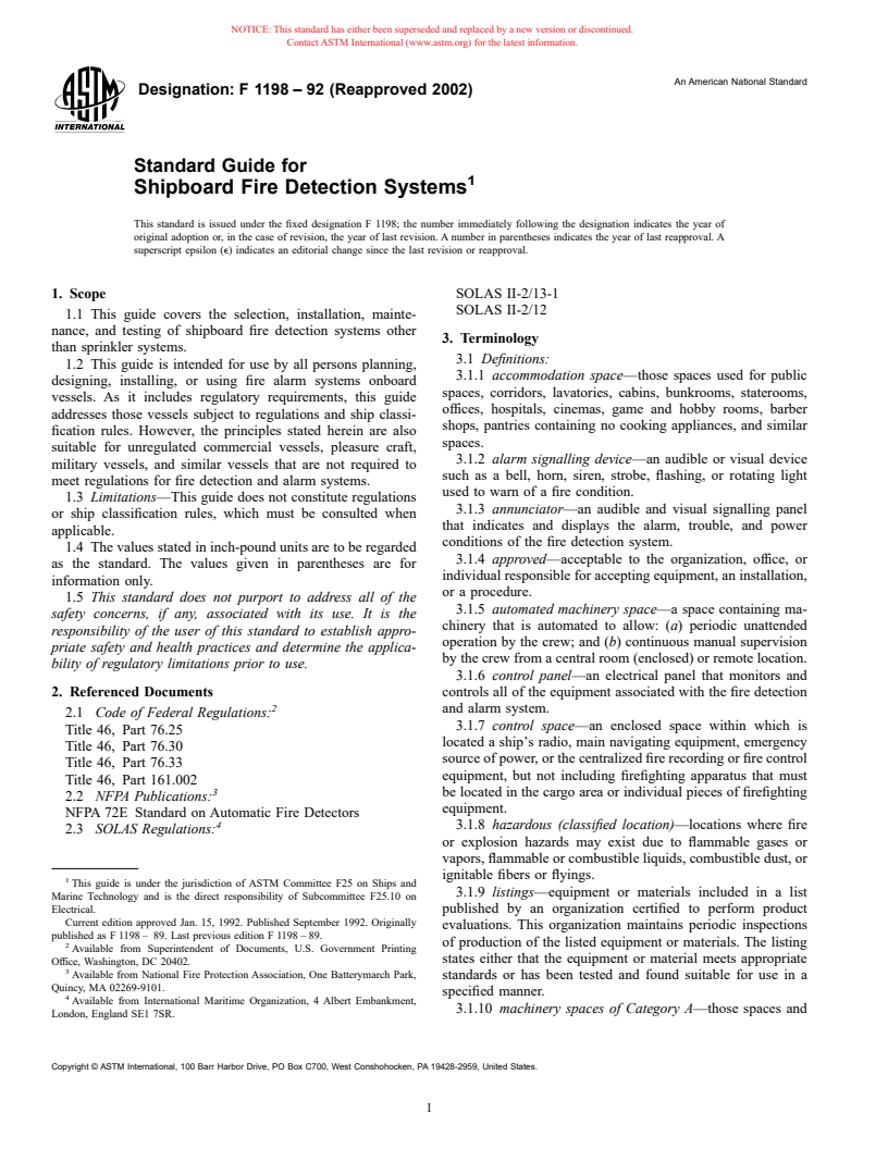 ASTM F1198-92(2002) - Standard Guide for Shipboard Fire Detection Systems