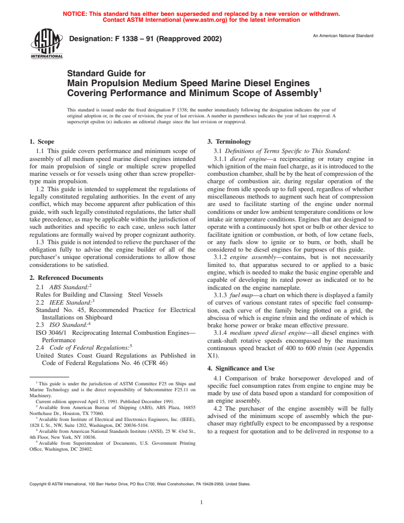 ASTM F1338-91(2002) - Standard Guide for Main Propulsion Medium Speed Marine Diesel Engines Covering Performance and Minimum Scope of Assembly