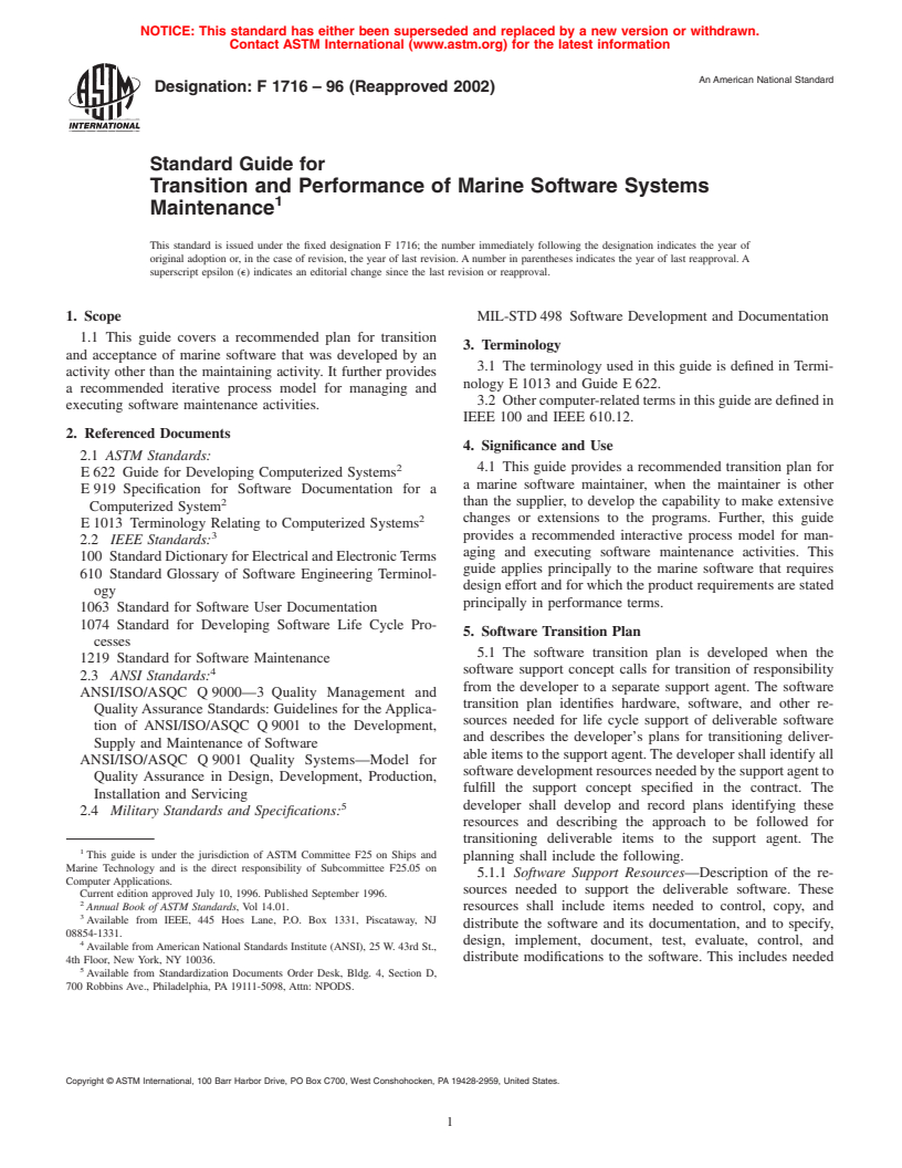 ASTM F1716-96(2002) - Standard Guide for Transition and Performance of Marine Software Systems Maintenance