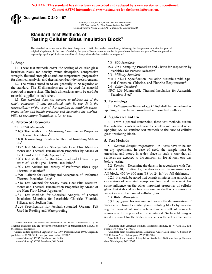 ASTM C240-97 - Standard Test Methods of Testing Cellular Glass Insulation Block