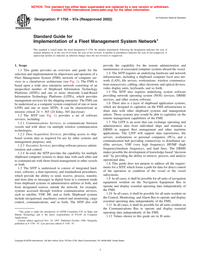 ASTM F1756-97a(2002) - Standard Guide for Implementation of a Fleet Management System Network