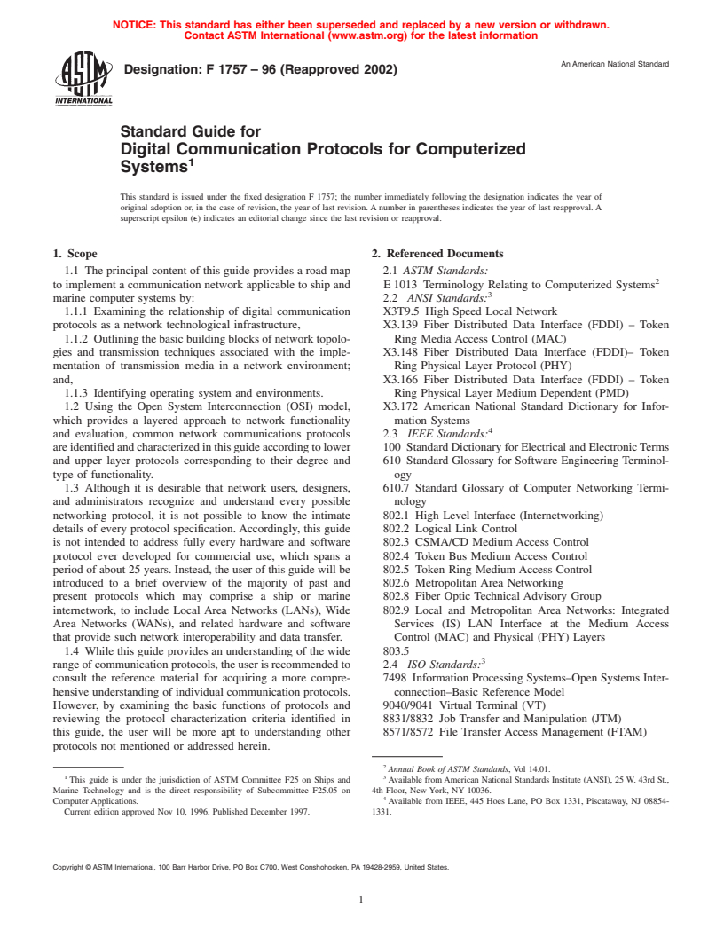 ASTM F1757-96(2002) - Standard Guide for Digital Communication Protocols for Computerized Systems