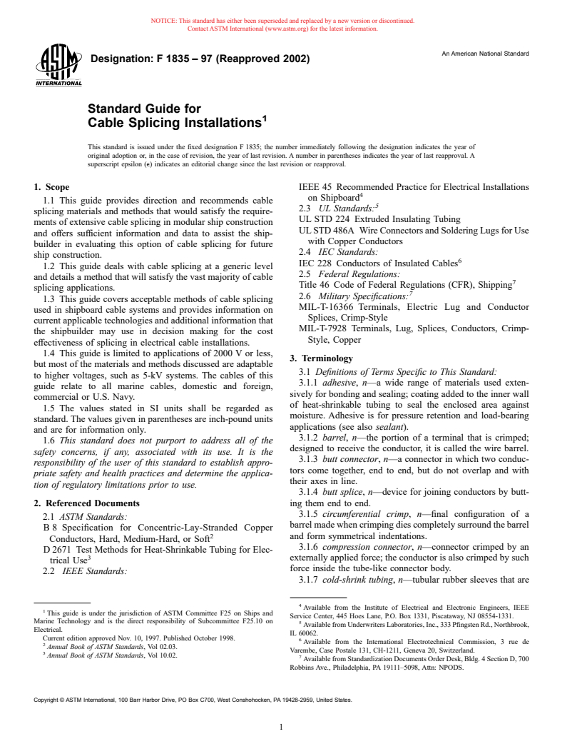 ASTM F1835-97(2002) - Standard Guide for Cable Splicing Installations