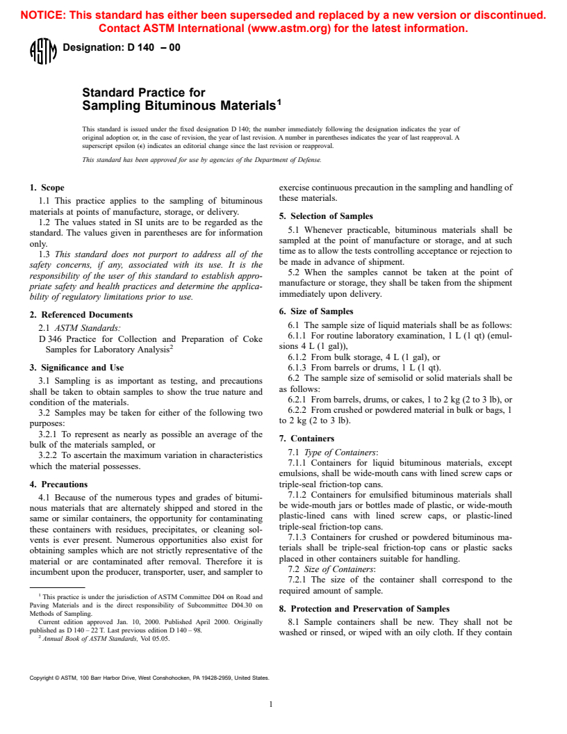 ASTM D140-00 - Standard Practice for Sampling Bituminous Materials