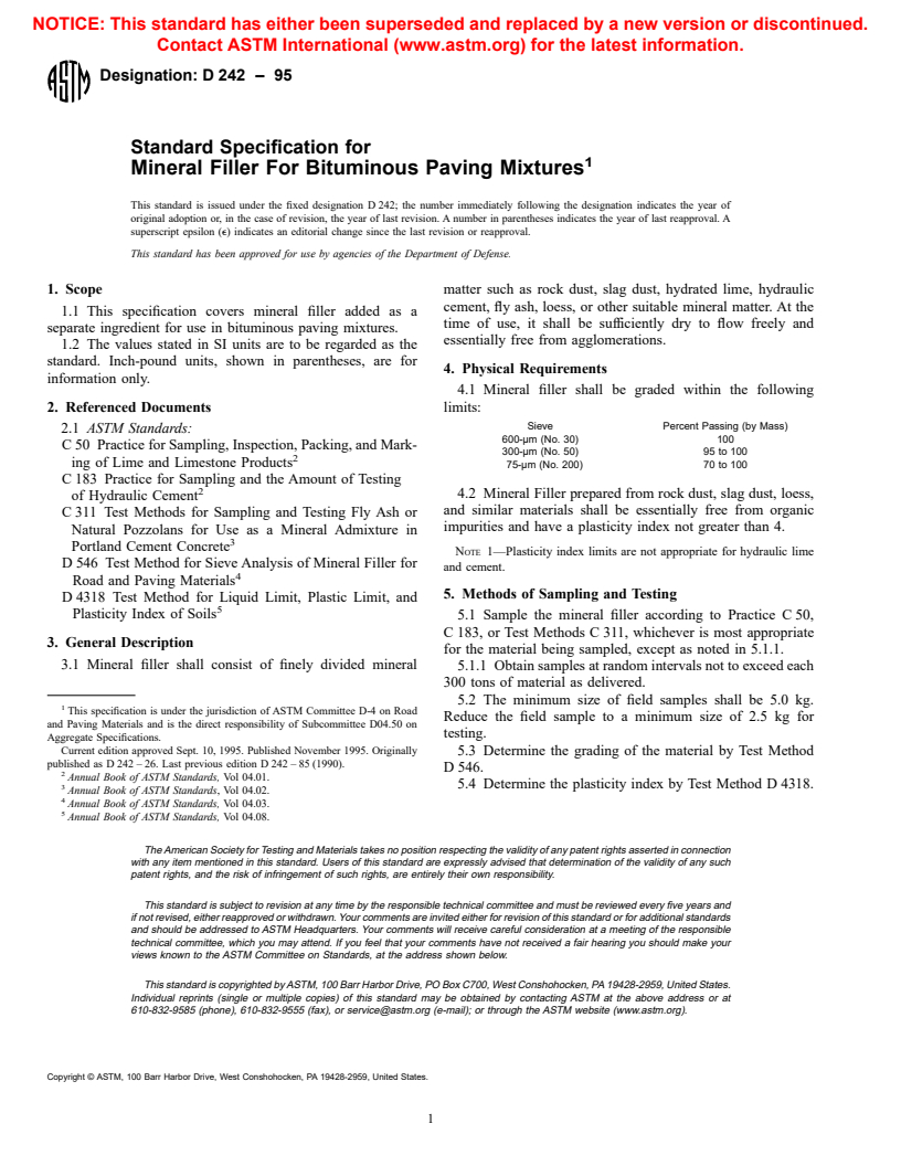 ASTM D242-95 - Standard Specification for Mineral Filler For Bituminous Paving Mixtures