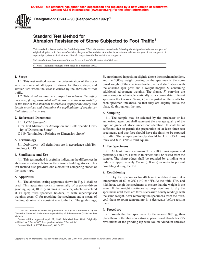 ASTM C241-90(1997)e1 - Standard Test Method for Abrasion Resistance of Stone Subjected to Foot Traffic