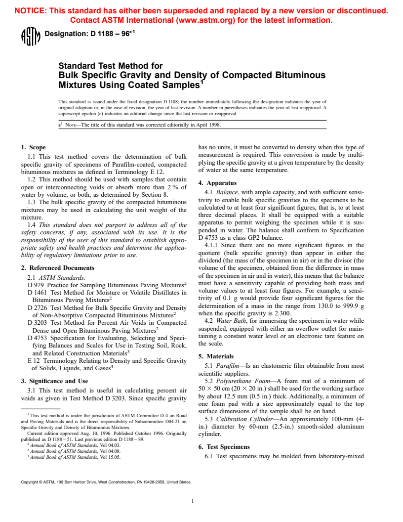 ASTM D1188-96e1 - Standard Test Method for Bulk Specific Gravity and Density of Compacted Bituminous Mixtures Using Paraffin-Coated Specimens