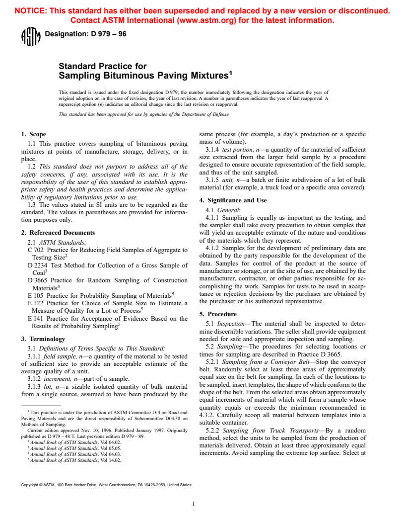 ASTM D979-96 - Standard Practice for Sampling Bituminous Paving Mixtures