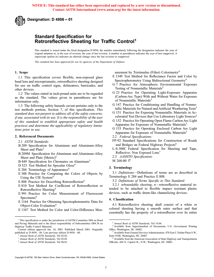 ASTM D4956-01 - Standard Specification for Retroreflective Sheeting for Traffic Control