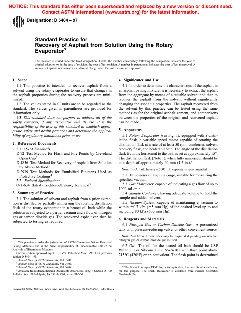 ASTM D5404-97 - Standard Practice for Recovery of Asphalt from Solution Using the Rotary Evaporator