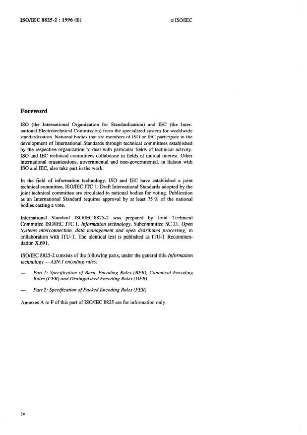 ISO/IEC 8825-2:1996 ISO/IEC 8825-2:1996 - Information technology -- ASN.1 encoding rules: Specification of Packed Encoding Rules (PER) - Page 4 preview