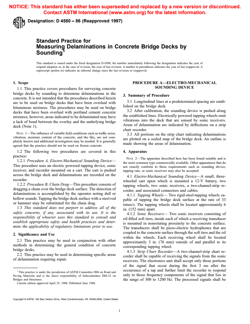 ASTM D4580-86(1997) - Standard Practice for Measuring Delaminations in Concrete Bridge Decks by Sounding